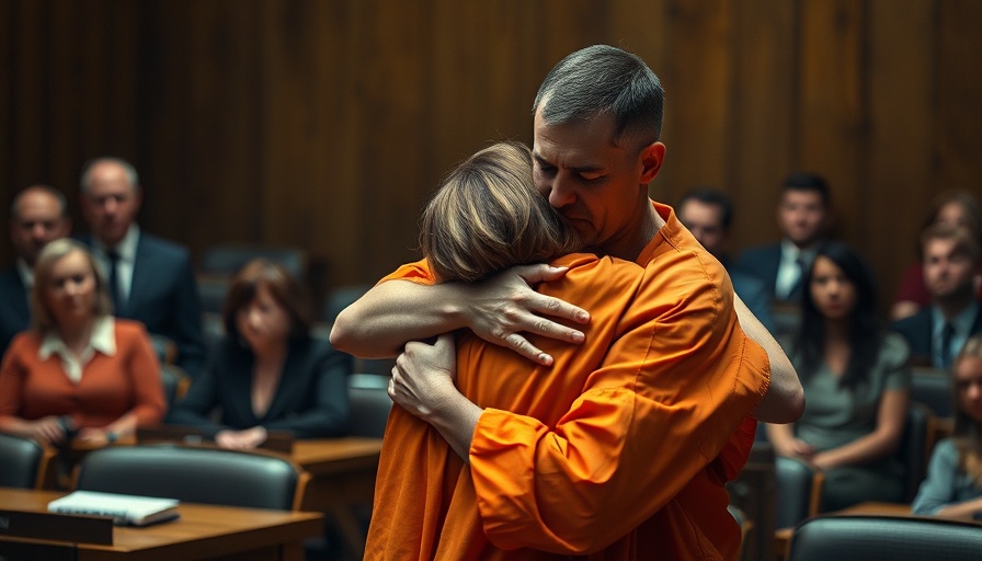 Emotional courtroom hug scene depicting forgiveness