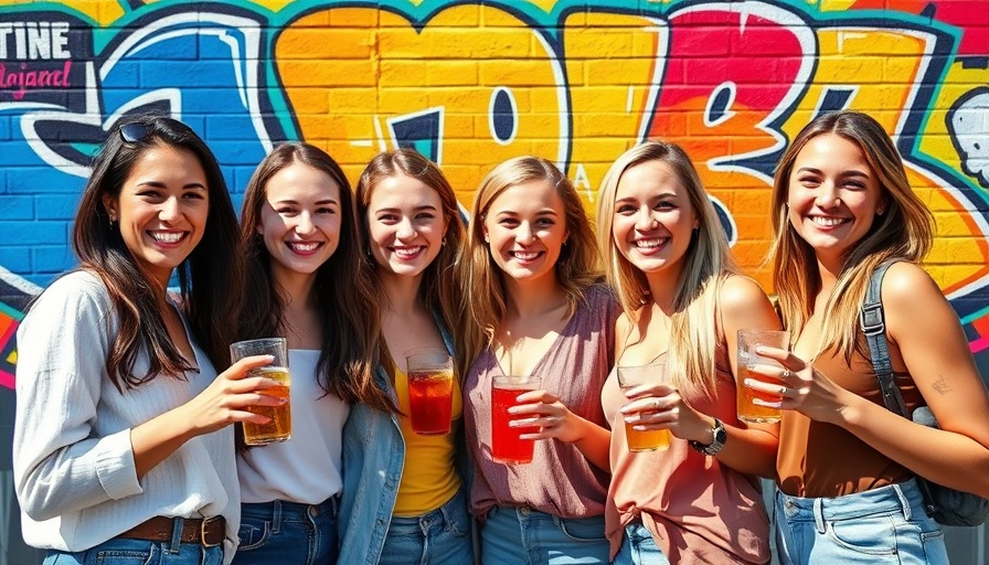 Young women socializing by colorful mural