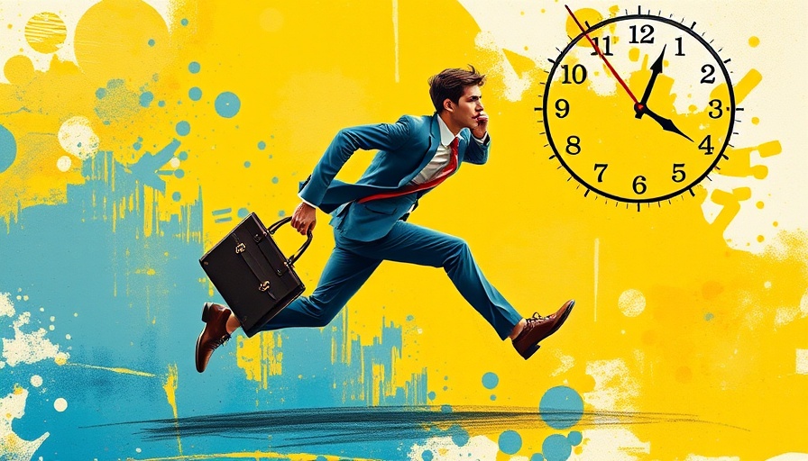Dynamic businessman running with briefcase, abstract yellow and blue background, Buy Now Pay Later Apps.
