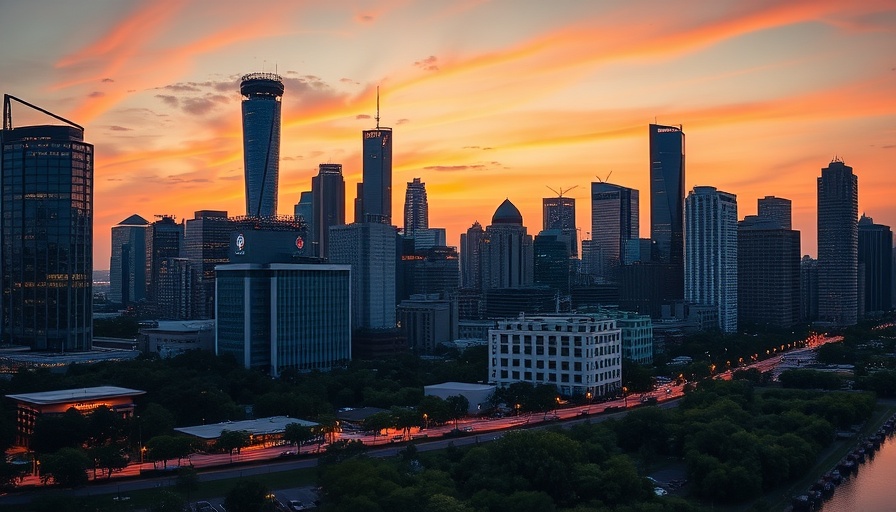 Houston skyline at twilight with city lights reflecting.