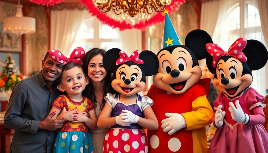 Family and Disney characters in a festive setting at World Wish Day.