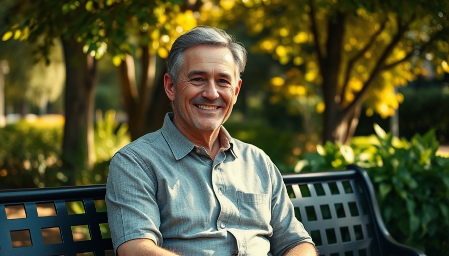 Smiling man in suit and tie sitting on bench, outdoors.