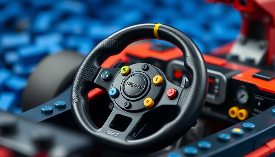 LEGO life-size F1 car steering wheel with colorful buttons.