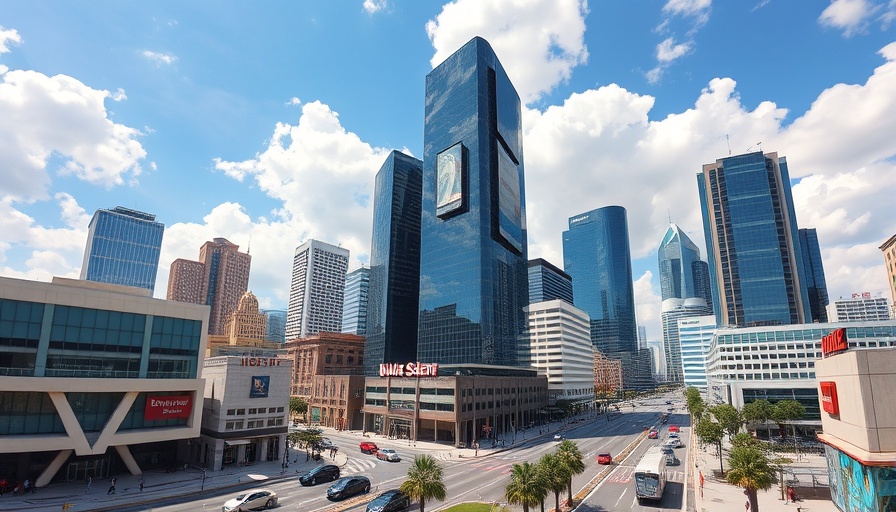 Dynamic cityscape of Houston with modern skyscrapers and busy streets, houston news.