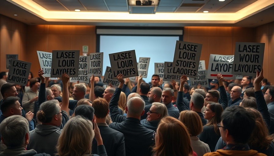 SISD teacher layoffs protest crowd holding signs in meeting room.