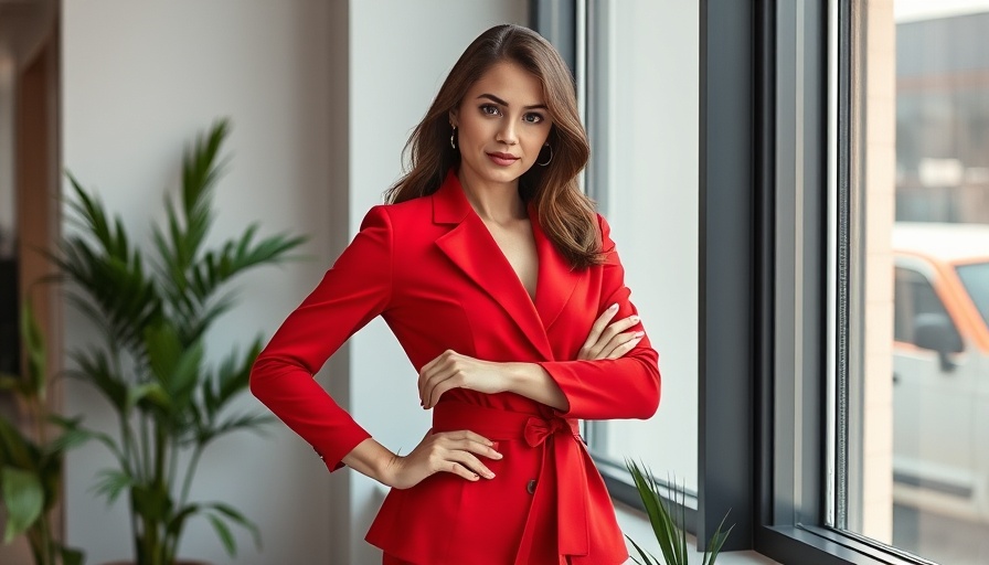 Stylish female in red confidently poses by a window indoors.