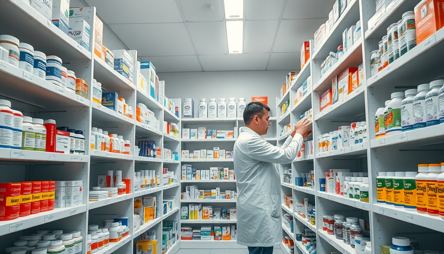 Clean pharmacy interior with products and person restocking shelves.