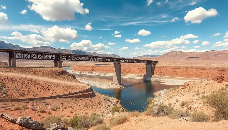 Texas News: Expansive view of steel bridge over river in desert.
