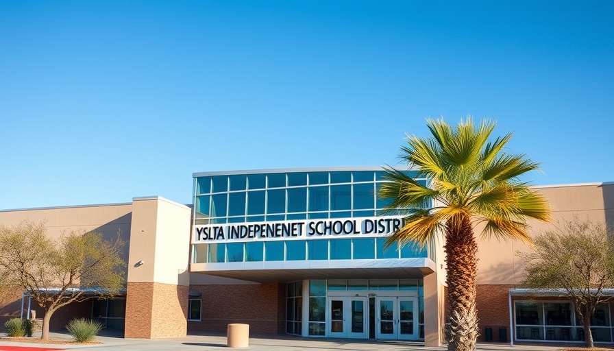 Ysleta ISD building entrance with palm tree and sign.