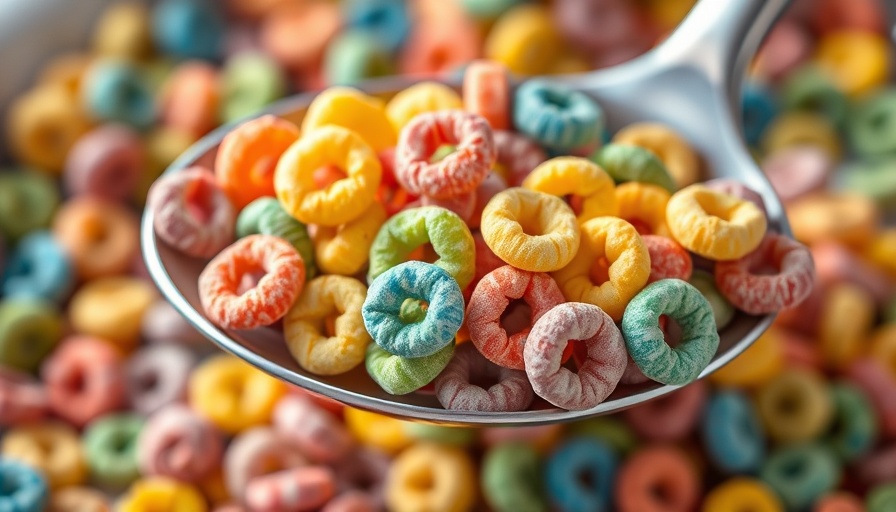 Vibrant cereal loops with natural food coloring in a spoon.