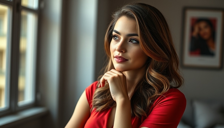 Confident woman in red top, indoor portrait, embodies grit and brain health.