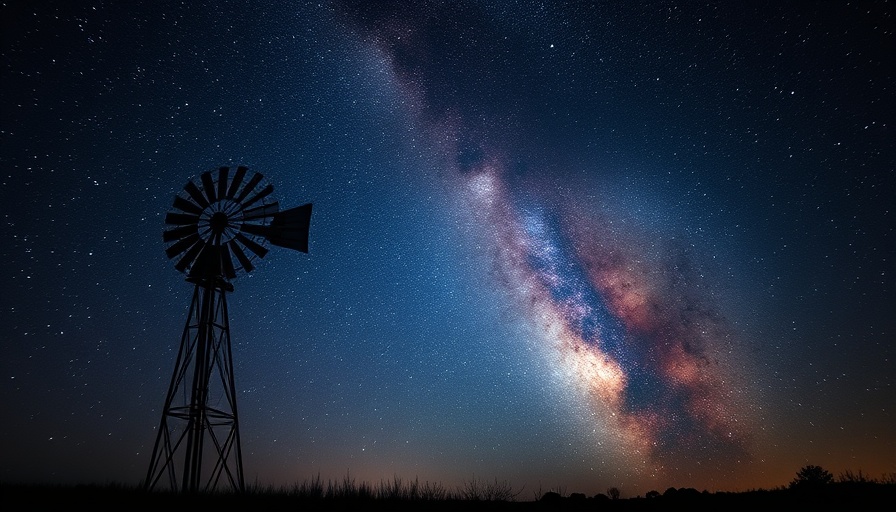 Starry sky in Texas' largest dark sky reserve with windmill silhouette.