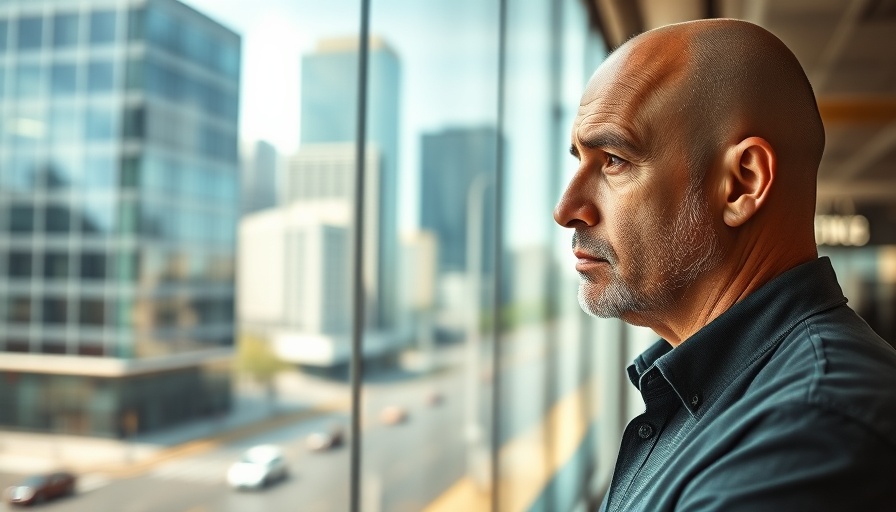 San Antonio News: Man gazing out office window in city scene.
