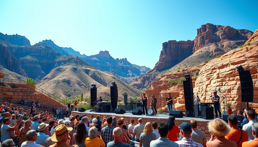 Open-air concert at El Paso event with mountain backdrop.