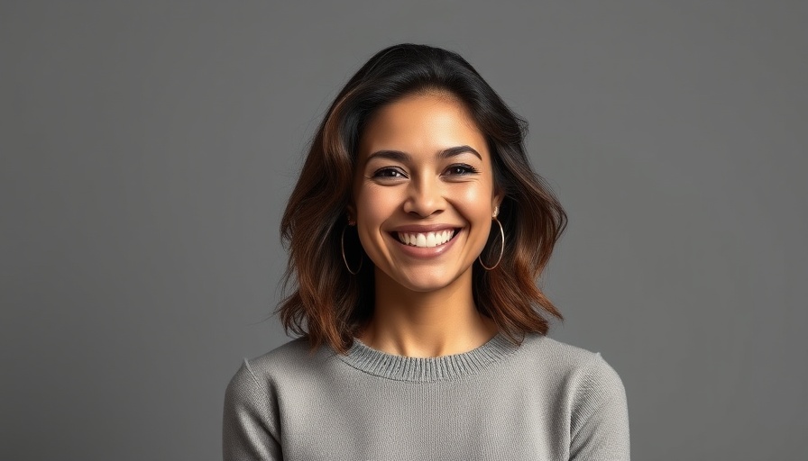 Woman smiling confidently in red blouse.