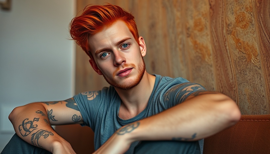 Red-haired person sitting casually with tattoos in a relaxed setting.