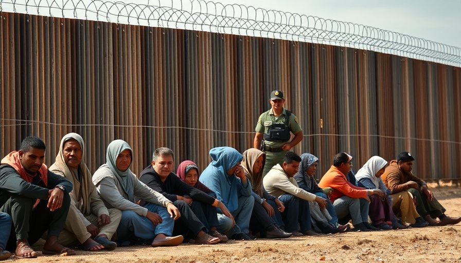 Migrants seated near border wall with security, illustrating tensions.