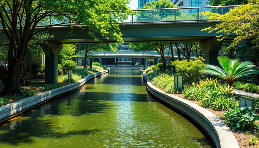 Urban park scene in San Antonio with river and bridge