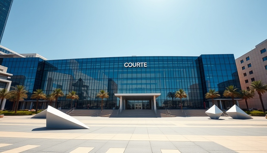 Modern courthouse in Texas, sunny day with blue sky.