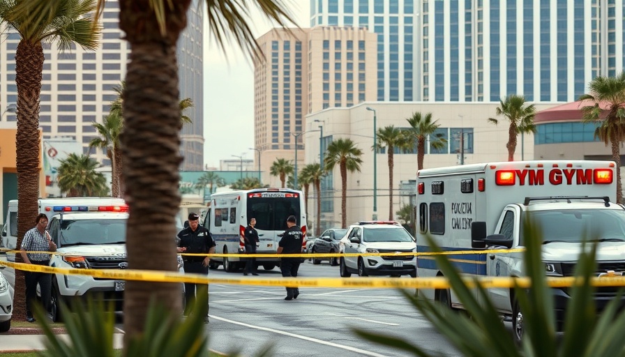 Police vehicles at Las Vegas gym shooting scene with tape and investigators.