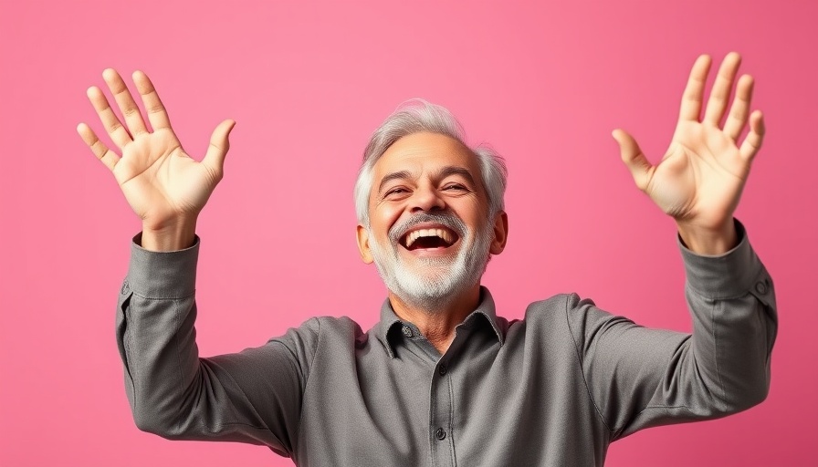 Energetic man smiling joyfully in front of pink background.