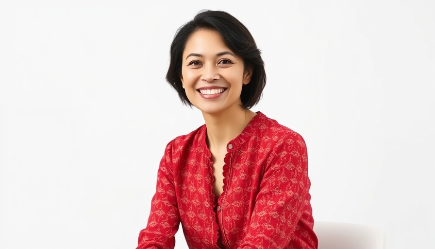 Confident woman smiling in red blouse on plain background.