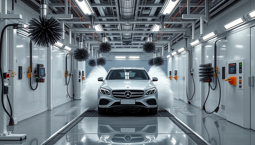Automated car wash interior with brushes and water jets.