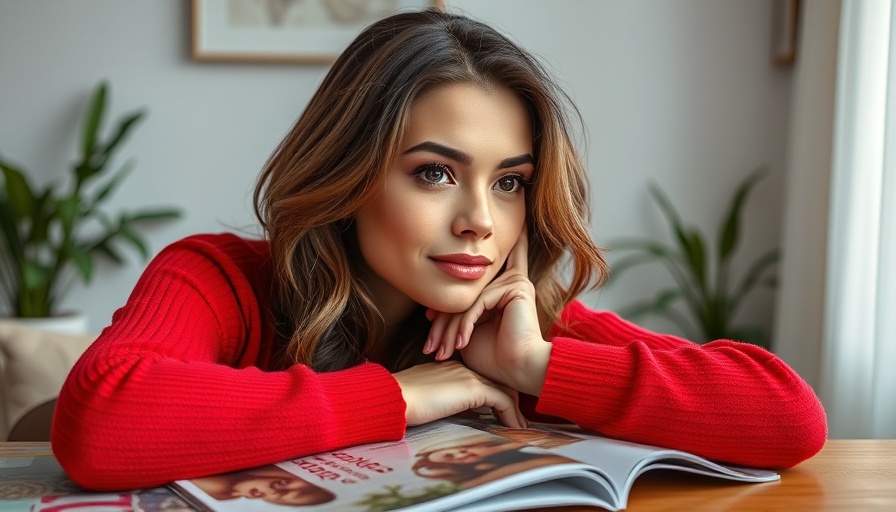 Confident woman in red sweater on magazine cover, vibrant design.