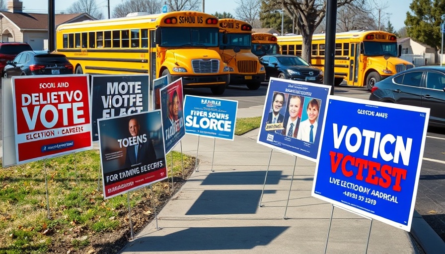 San Antonio education elections signs displayed outdoors with school buses in the background.