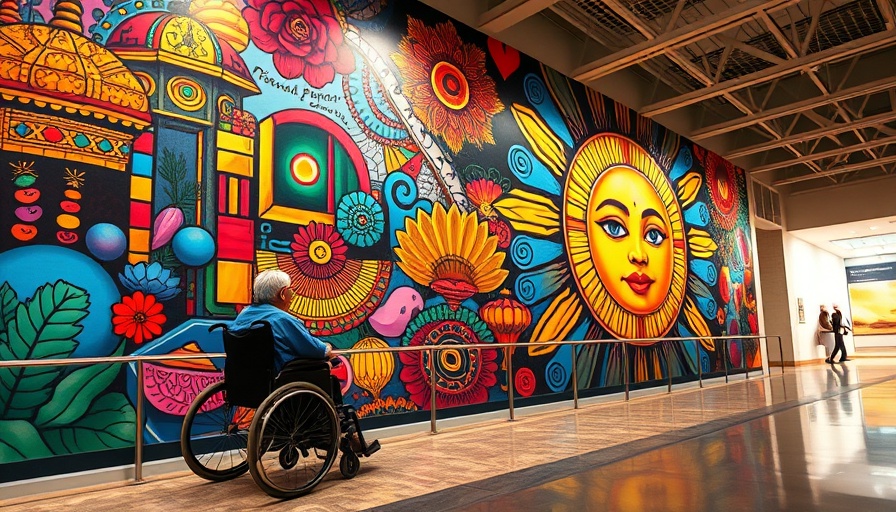 Vibrant mural viewed by person in wheelchair in a museum.