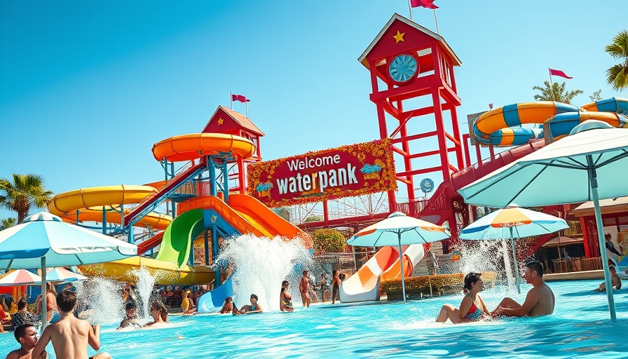 Colorful El Paso water park with waterslides and welcome sign.