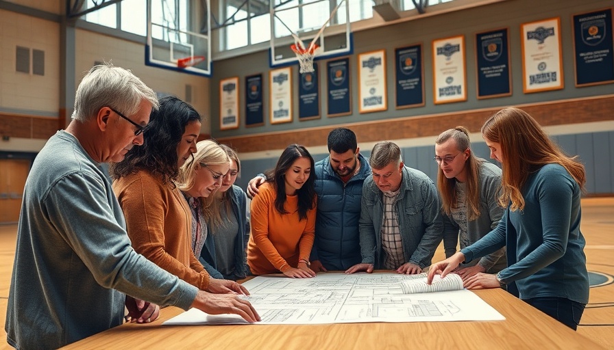 Community members review Socorro new arterial road plan in gym.