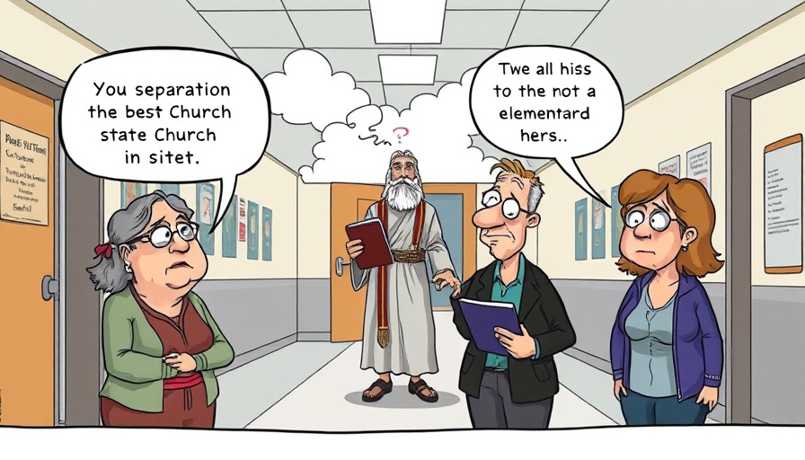 Humorous cartoon about religion in Texas schools discussing separation of church and state.