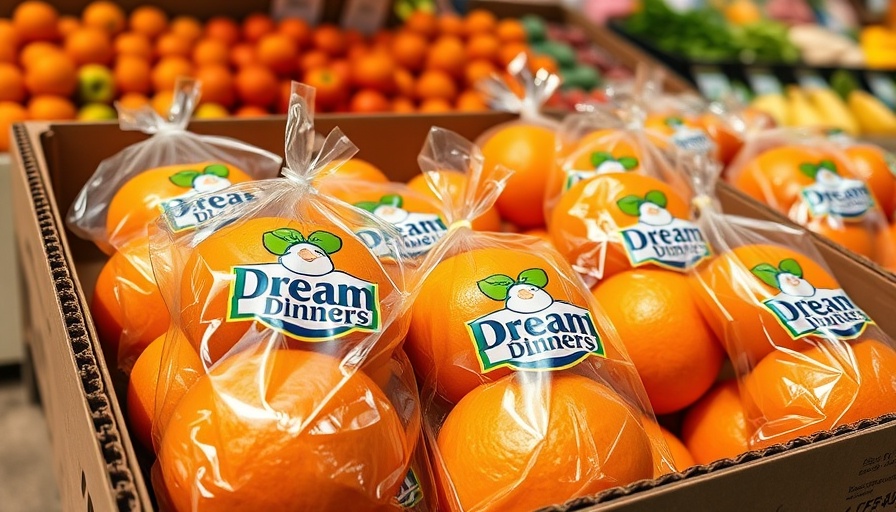Abundant bagged oranges in a grocery store display with Dream Dinners branding, related to El Paso families congress assistance cuts.