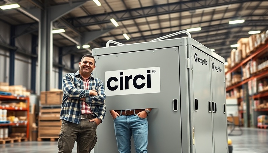 Innovative textile recycling technology in industrial warehouse with three men.