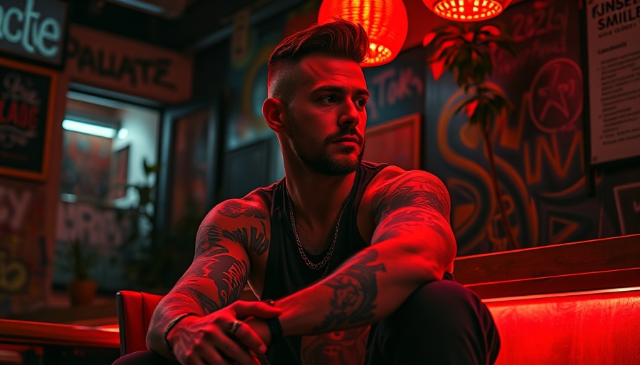 Tattooed man in San Antonio bar with red lighting.