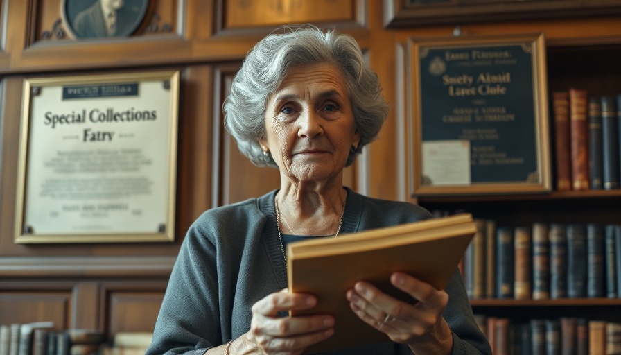 Elderly woman showcases historical fabric in UTEP Special Collections library, highlighting history.