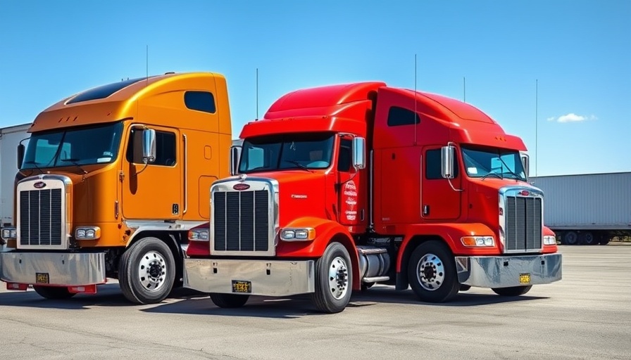 Parked trucks at Texas truck stop highlighting English requirement.