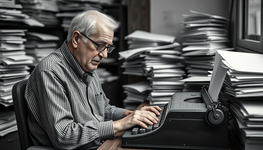 Historical Texas newsman typing in cluttered office, black and white.