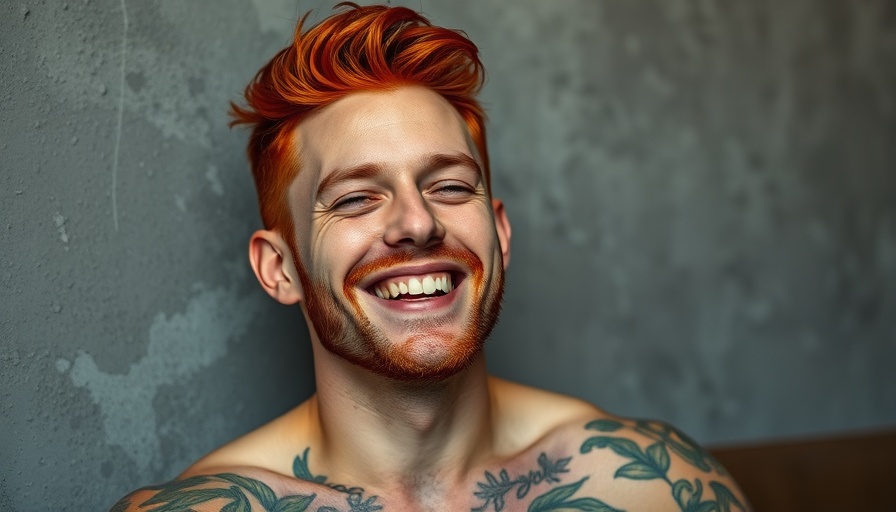 Man with red hair smiling, indoors, textured wall background.