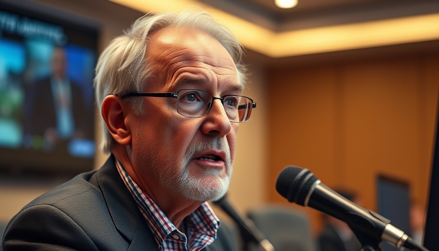 Older man speaking at a conference about Texas Supreme Court ruling migrant shelter.