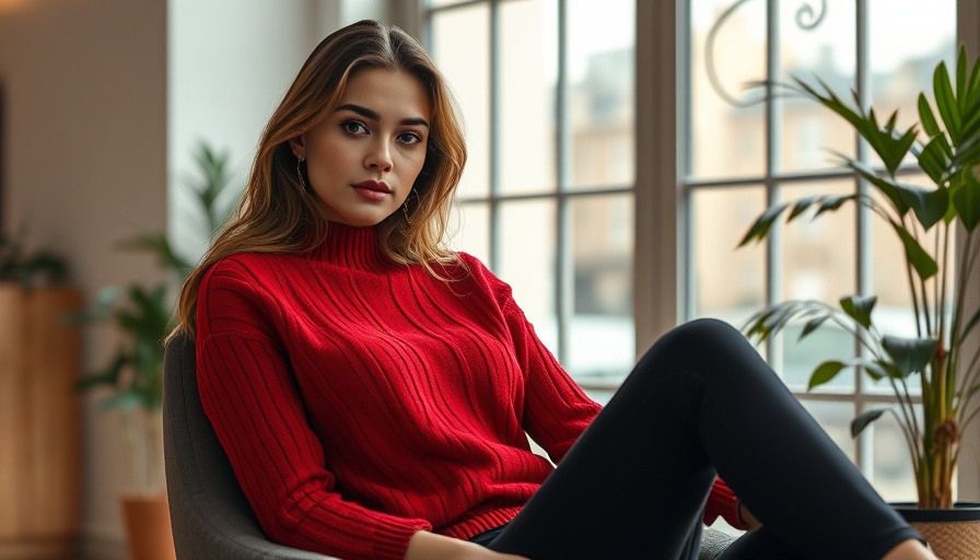 Stylish woman in red sweater sitting indoors with bright lighting.