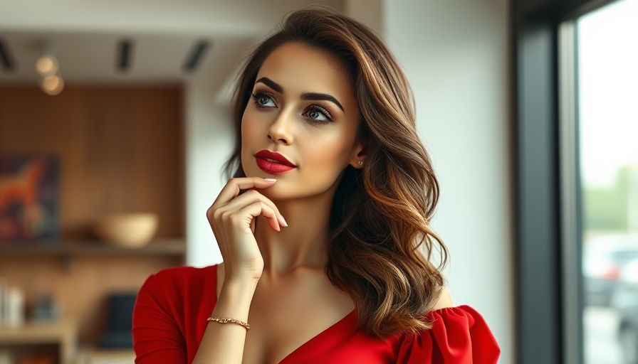 Confident woman in red top posing, magazine cover style.