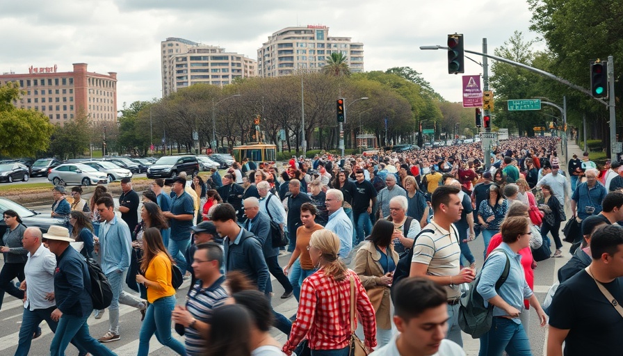Diverse crowd in Texas crossing street at busy intersection.