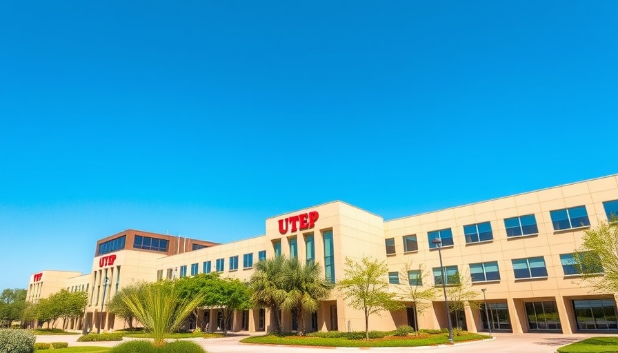 UTEP campus architecture under blue sky highlighting higher education environment.