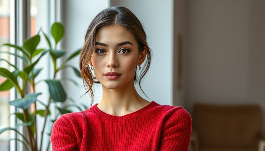 Elegant woman posing gracefully in red sweater for a magazine cover.