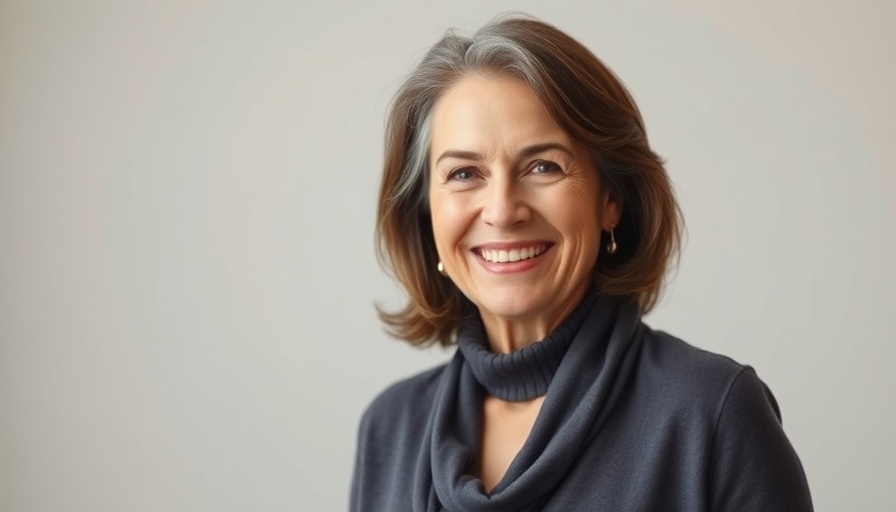 Confident woman smiling warmly in a patterned blouse on neutral background.