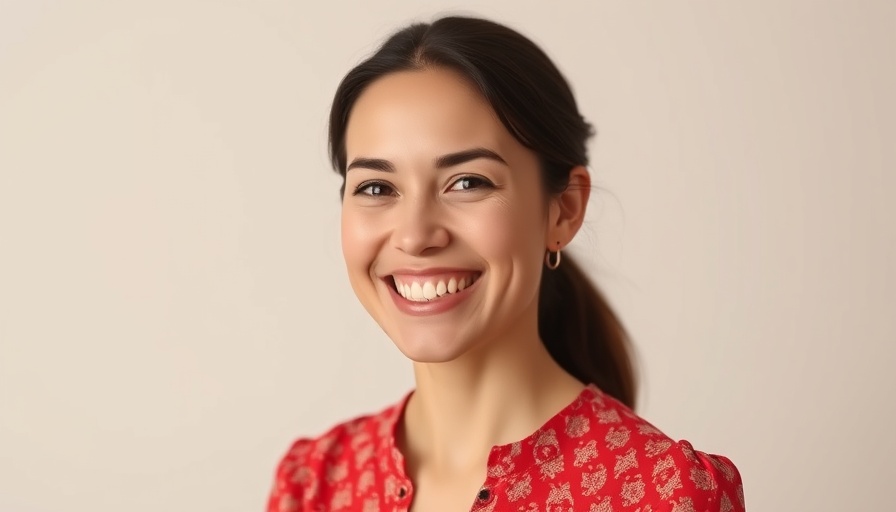 Smiling woman in red patterned blouse, neutral background