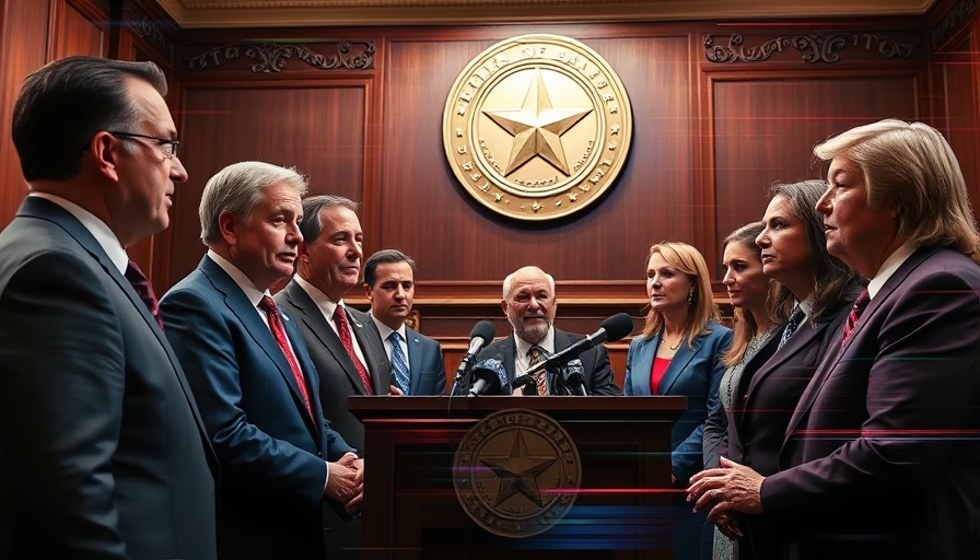 Officials engaging in press event at Texas Capitol with glitch effect