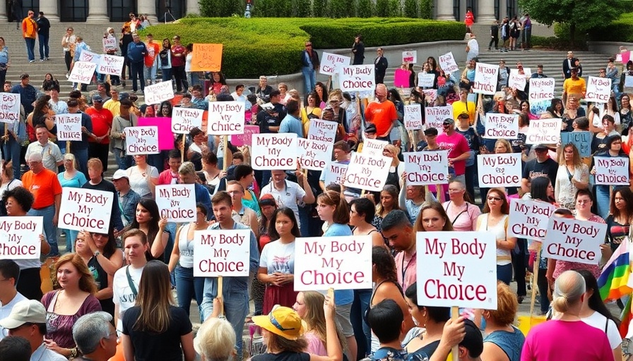 Texas News protest with crowd holding 'My Body My Choice' sign outdoors.